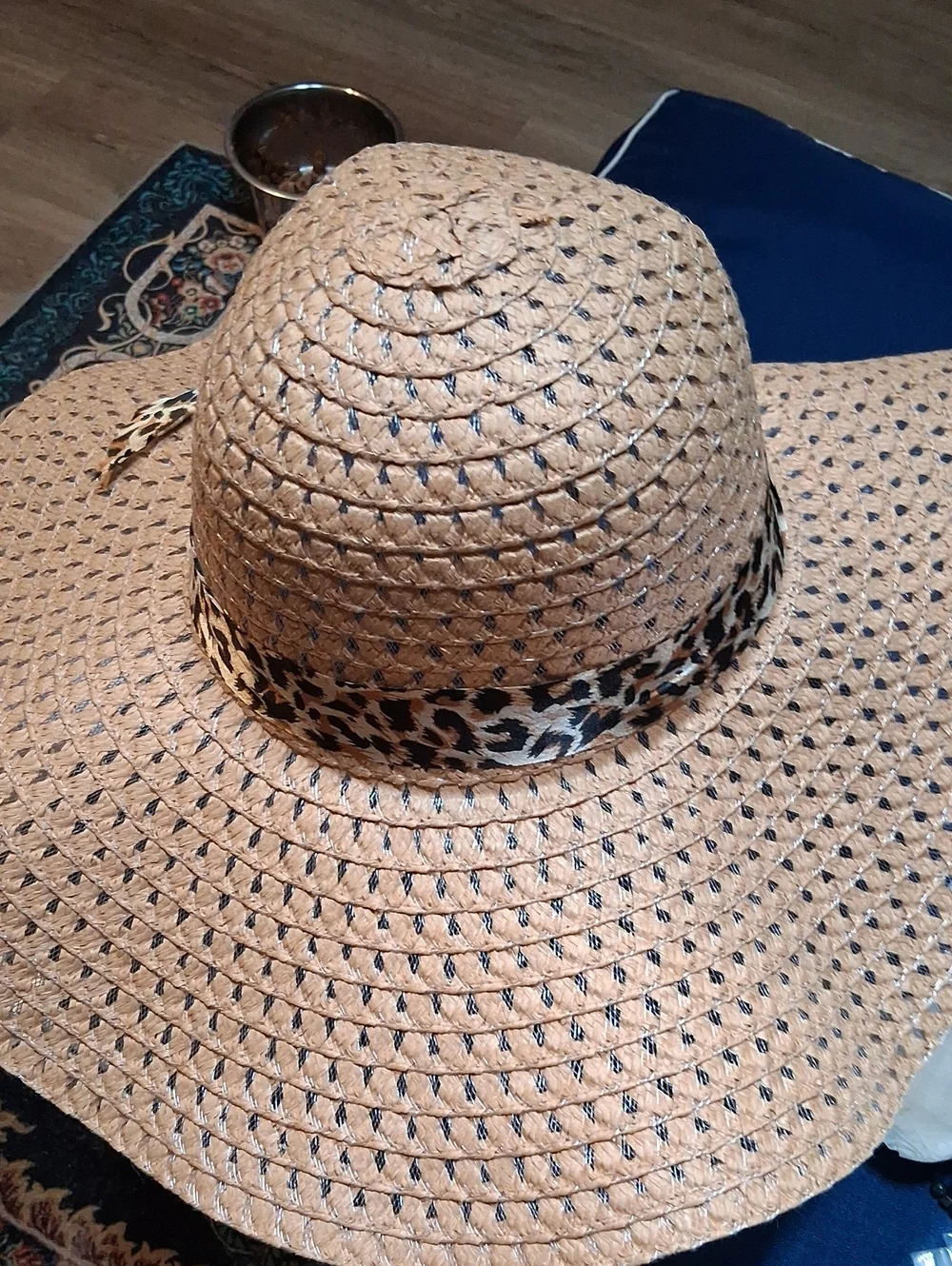 Straw Wide-Brim Sun Hat with Leopard Accent - Tan